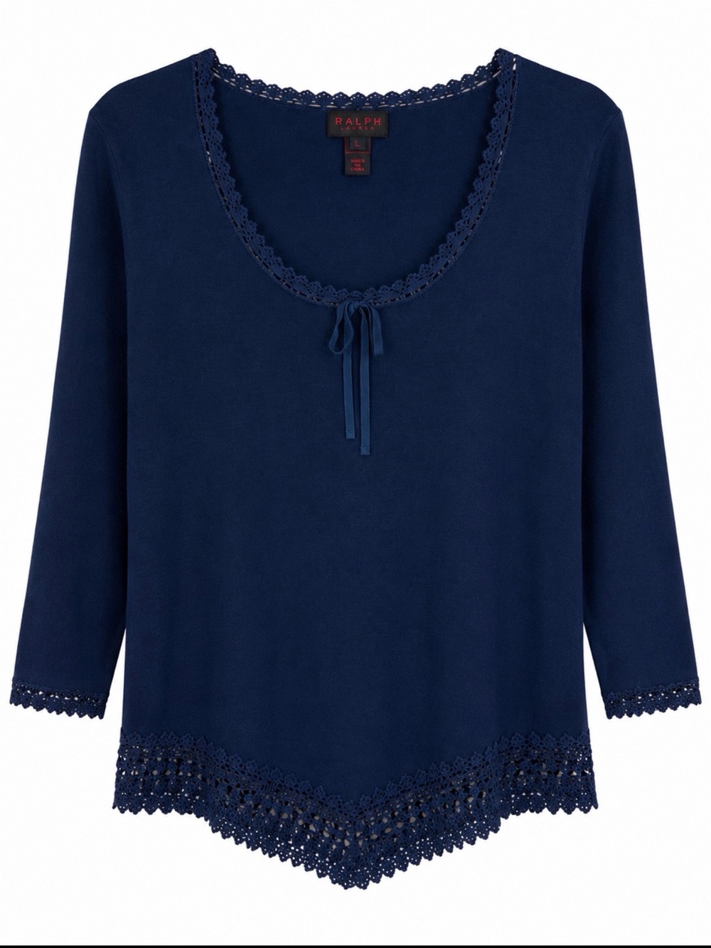 Ralph Lauren Navy Crochet-Trim Long Sleeve Scoop Neck Top sz Large